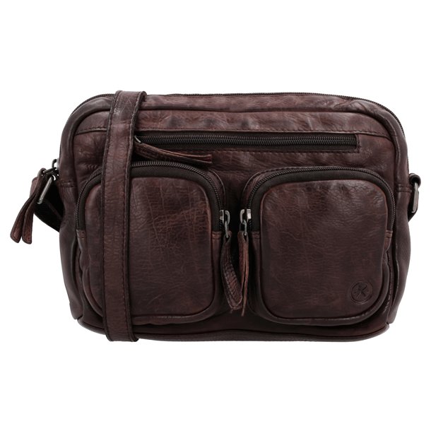 Hide & Stitches Paint Rock skuldertaske mrkebrun – front med lommer