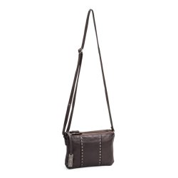 Mrkebrun clutch i skind med skulderrem og nitter foran