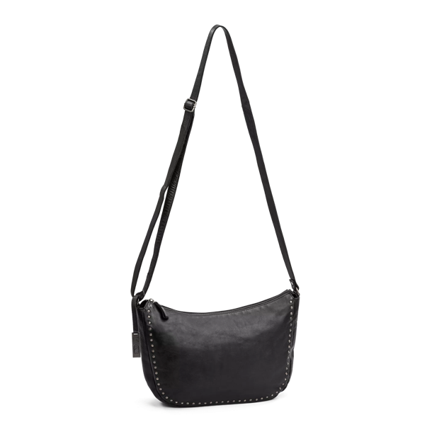 Sort crossover taske i skind med nitter og skulderrem – frontbillede