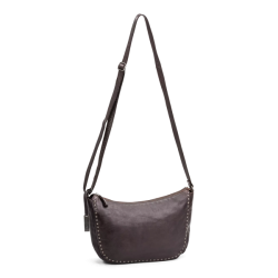 Mrkebrun crossover taske i skind med nitter og skulderrem – frontbillede