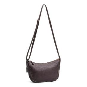 Mrkebrun crossover taske i skind med nitter og skulderrem – frontbillede