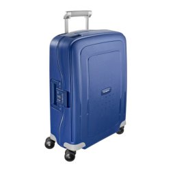Samsonite S'Cure kabinekuffert 55 cm i dark blue set fra skr vinkel med teleskophndtag og 4 hjul.