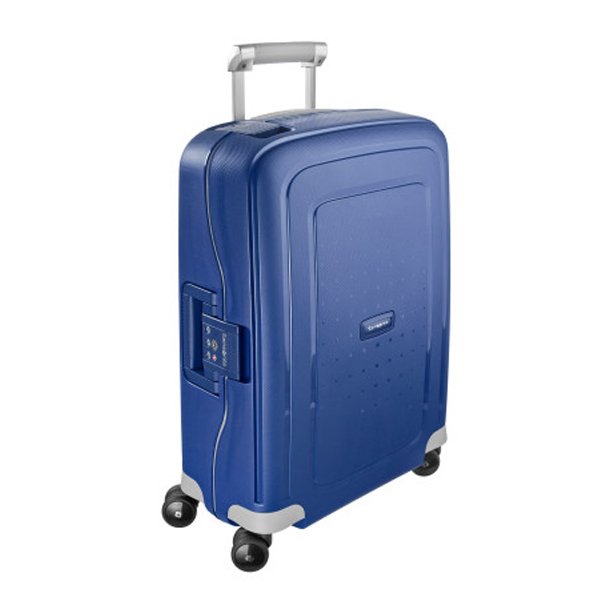 Samsonite S'Cure kabinekuffert 55 cm i dark blue set fra skr vinkel med teleskophndtag og 4 hjul.