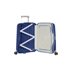 ben Samsonite S'Cure 55 cm kuffert i dark blue med krydsremme og lynlslomme.