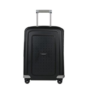 Sort Samsonite S'Cure 55 cm kabinekuffert set forfra med teleskophndtag.