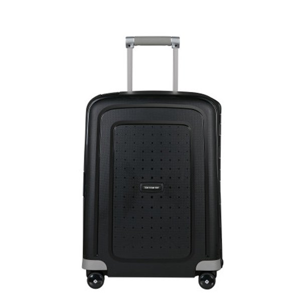 Sort Samsonite S'Cure 55 cm kabinekuffert set forfra med teleskophndtag.