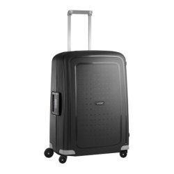 Sort Samsonite S'Cure spinnerkuffert 69 cm set i skr vinkel med teleskophndtag og 4 hjul.