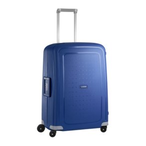 Samsonite S'Cure spinnerkuffert 69 cm i dark blue set i skr vinkel med teleskophndtag.