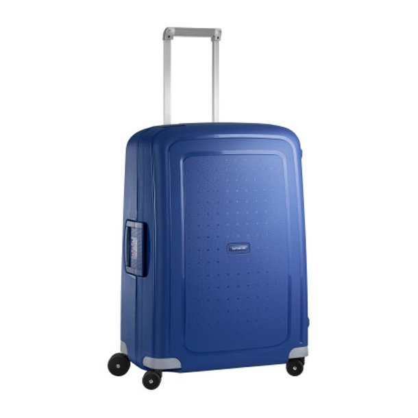 Samsonite S'Cure spinnerkuffert 69 cm i dark blue set i skr vinkel med teleskophndtag.