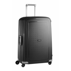 Samsonite S'Cure 75 cm sort vist fra skr vinkel med 4 hjul og solid konstruktion.