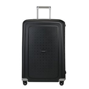 Samsonite S'Cure spinnerkuffert 75 cm sort set forfra med slvfarvede detaljer.
