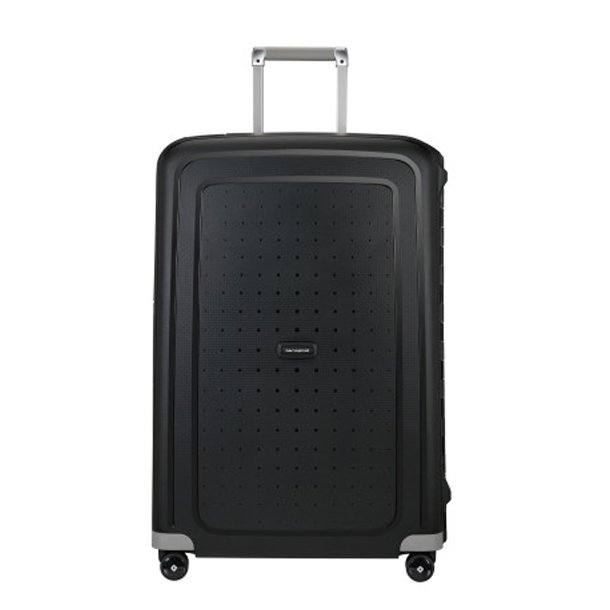 Samsonite S'Cure spinnerkuffert 75 cm sort set forfra med slvfarvede detaljer.