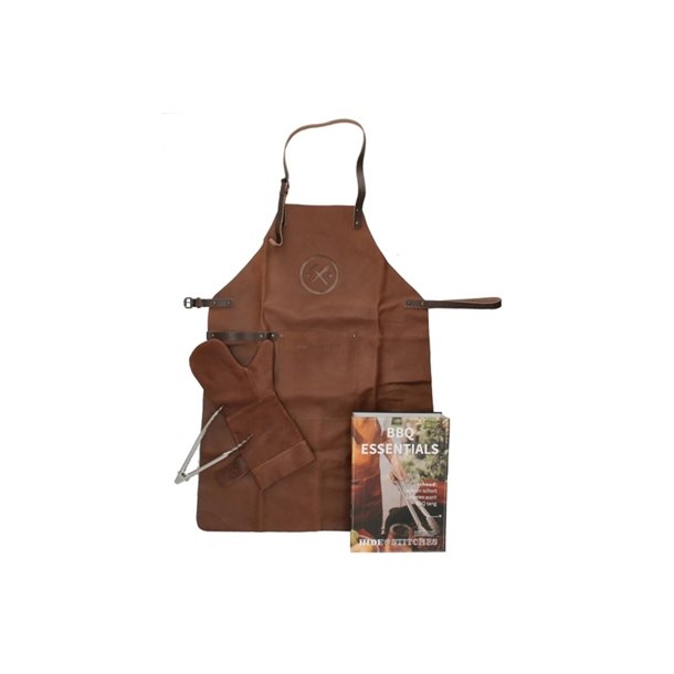 Hide & Stitches grill st i brun lder med forklde – frontvisning